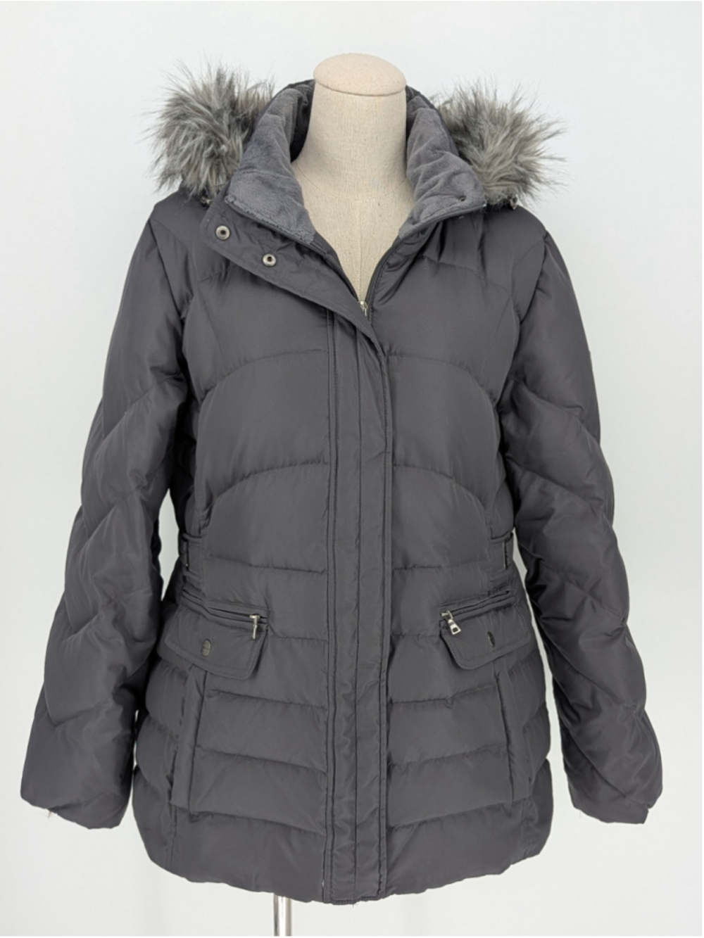 Larry Levine Down Puffer Coat Women’s L Gray Faux Fur Hood Winter Jacket